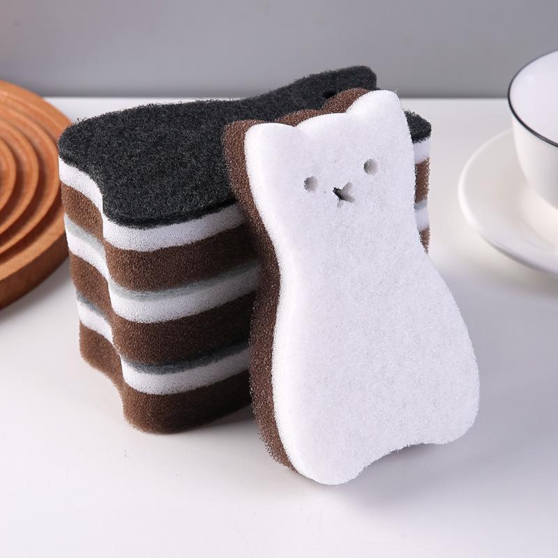 Набор из 4 толстых милых губок для кухни с изображением кота - прочные инструменты для мытья посуды и уборки