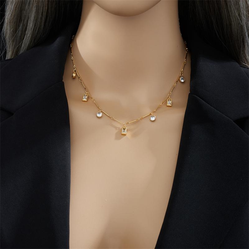 DIEYURO 316L Stainless Steel Geometric Square Round White Zircon Crystal Necklace Bracelet Jewelry Set For Women Birthday Gifts