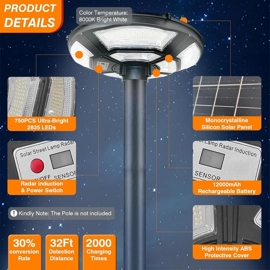 Outdoor Solar Post Light - 750 LEDs, Waterproof, Motion Sensor & Remote Control, Dusk to Dawn, for Yard, Garden, Pathway, Drivew