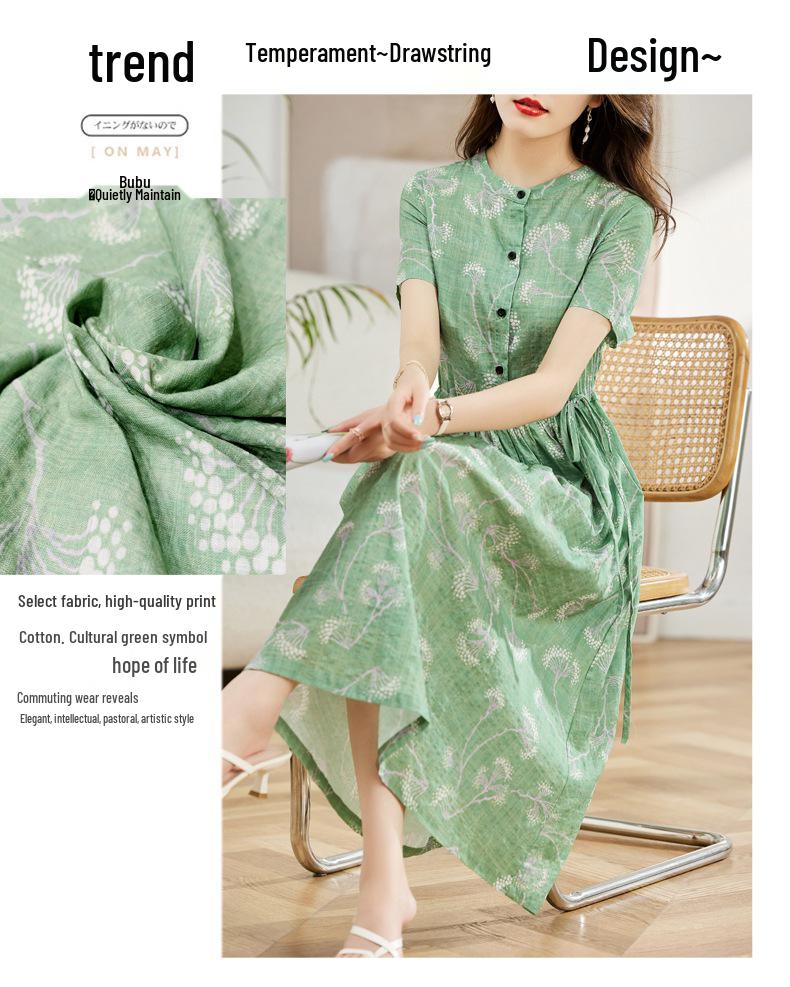 Женское летнее платье 2025 года с цветочным принтом из хлопка и льна - с коротким рукавом, приталенное, длинное, омолаживающее, модная повседневная одежда для мам