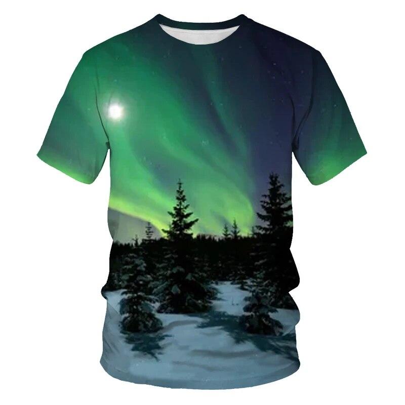 Новые футболки с рисунком «Звездное небо природы», мужские модные футболки с узором «Аврора», повседневные топы с короткими рукавами и круглым вырезом с 3D принтом