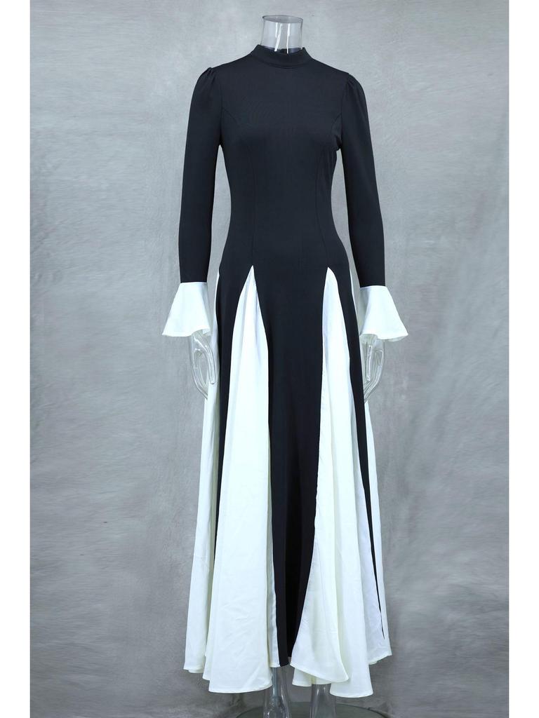 Осень/Зима 2024 Евро-американское черно-белое платье-свинг с длинным рукавом и оборками LX0105