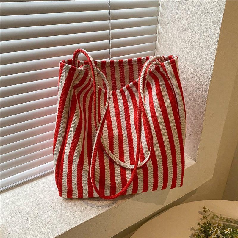 Textured Large-capacity Simple Striped Canvas Bag Women's 2025 New Trendy Fashion Literature and Art Student Class Handbag