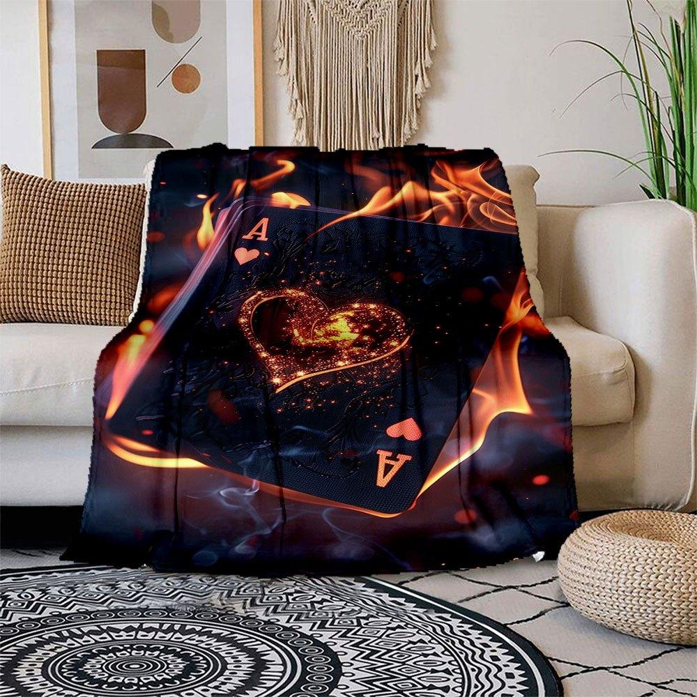 Flaming Heart Ace Playing Cards - Limited Edition Poker DeckBlanket Flannel Throw Blanket for Sofa, Bed, Travel, Camping, Office