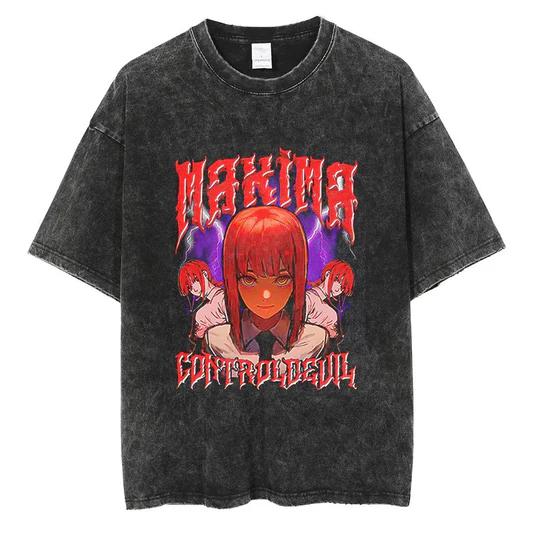 Japanese Anime Chainsaw Man Retro Washed T-shirt Men and Women Summer Harajuku Clothing Casual Round Neck Short Sleeved T-shirt