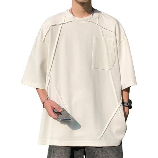 Summer Men Top O Neck Three Quarter Sleeves Chest Pocket Patchwork Loose Plus Size Mid Length Pullover Solid Color Hip Hop Streetwear Daily T-shirt