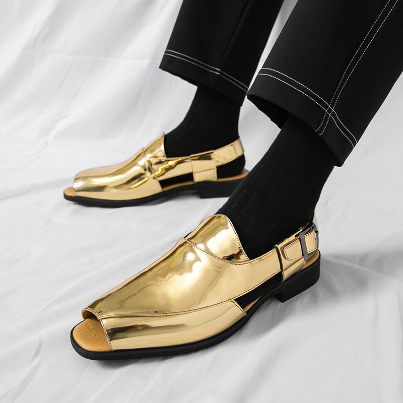 Luxury Gold Sandals Men Italian Style Dress Sandals Man Casual Leather Shoes Designer Fish Mouth Sandals Men Sandalias De Hombre