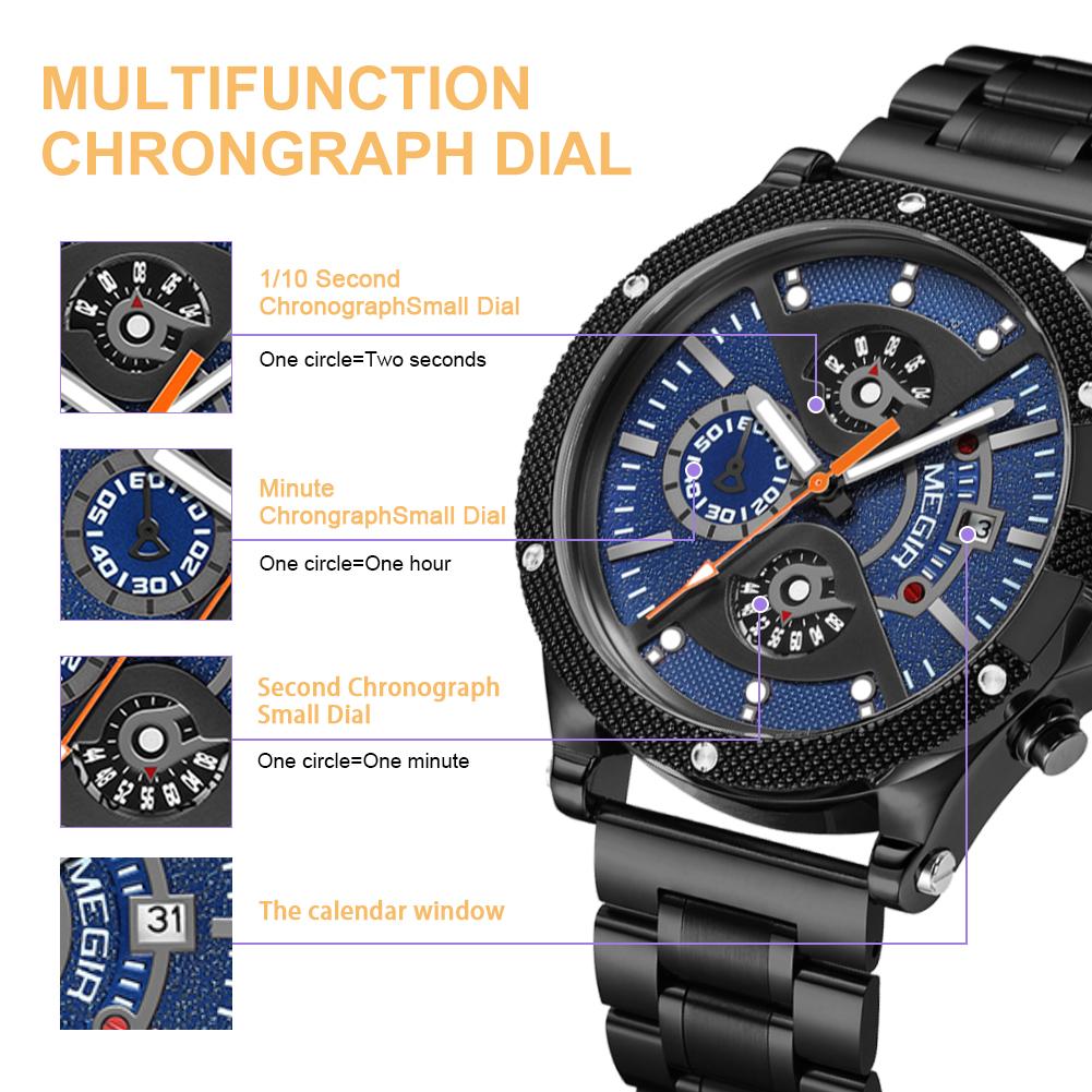 Megir Деловые кварцевые наручные часы с хронографом для мужчин с ремешком из нержавеющей стали и запасным силиконовым ремешком со светящимися стрелками с автоматической датой