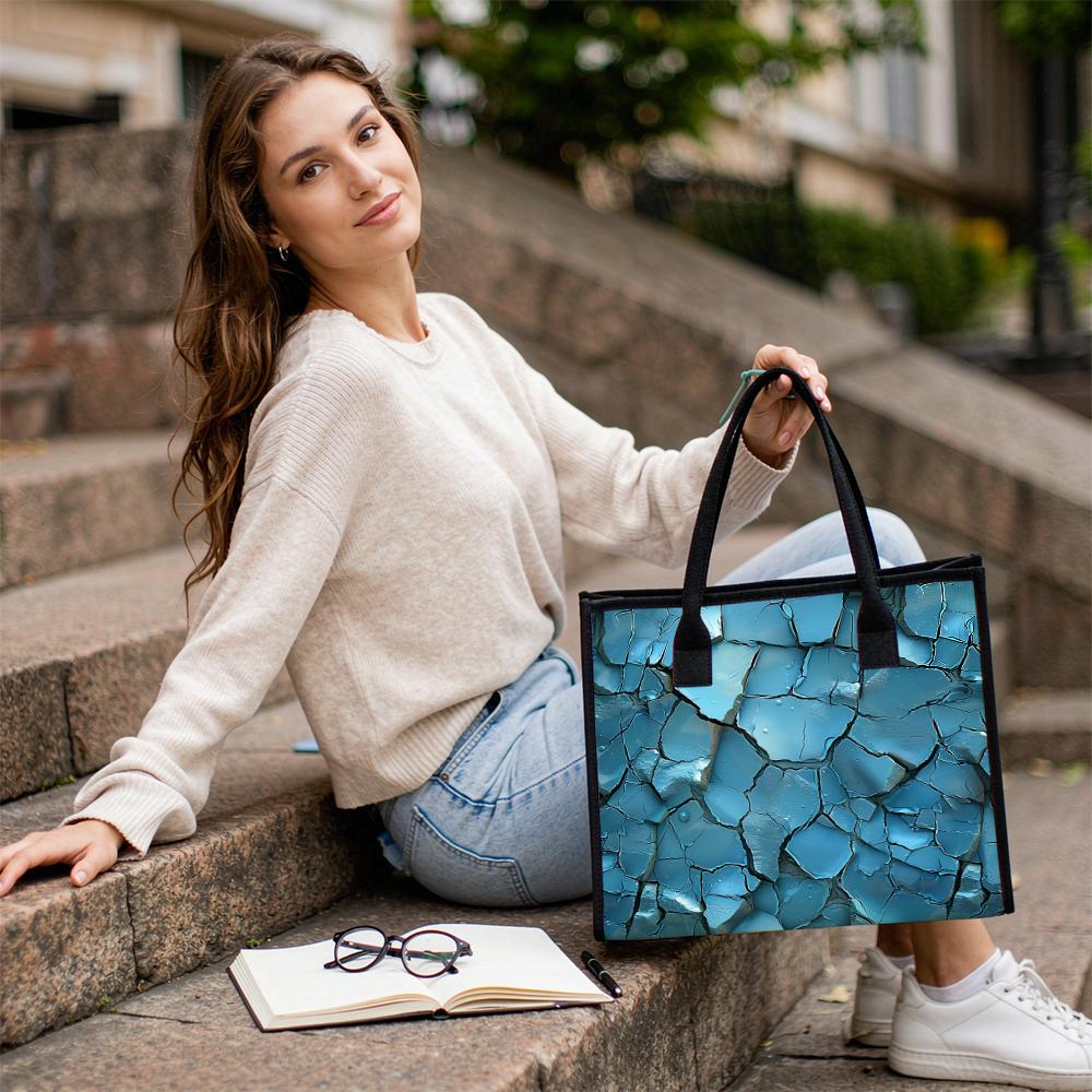 Blue Cracked Pattern Tote Bag Casual Large Capacity Daily Shoulder Handbag