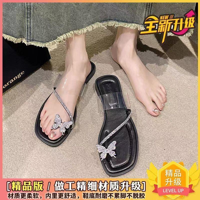 2025 Rhinestone Bow Cover Toe Sandals Female Summer Low Heel Flat Fairy with Skirt Pinching Feet Beach Sandals