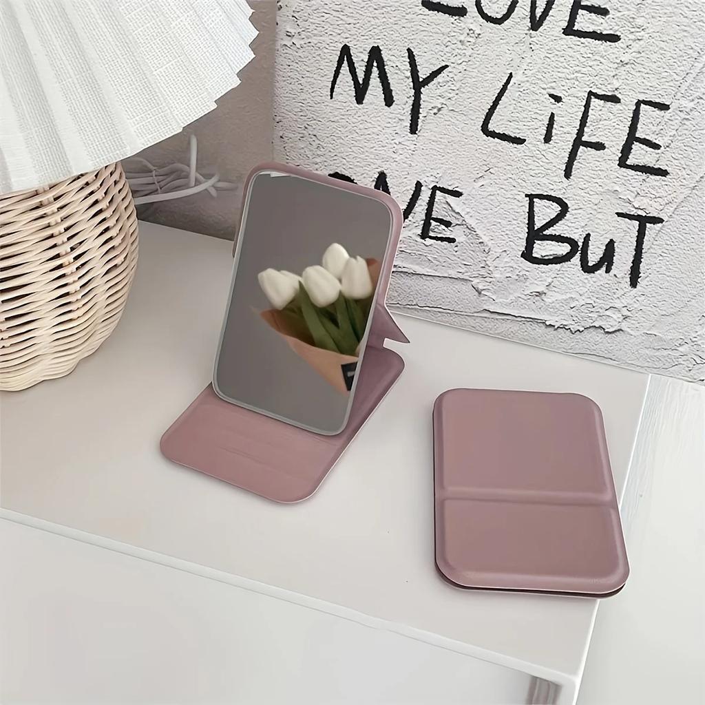 1pc Elegant Folding Mini Makeup Mirror with PU Stand, Portable Glass Cosmetic Mirror, Hand Washable, for Dorm and Desktop Use