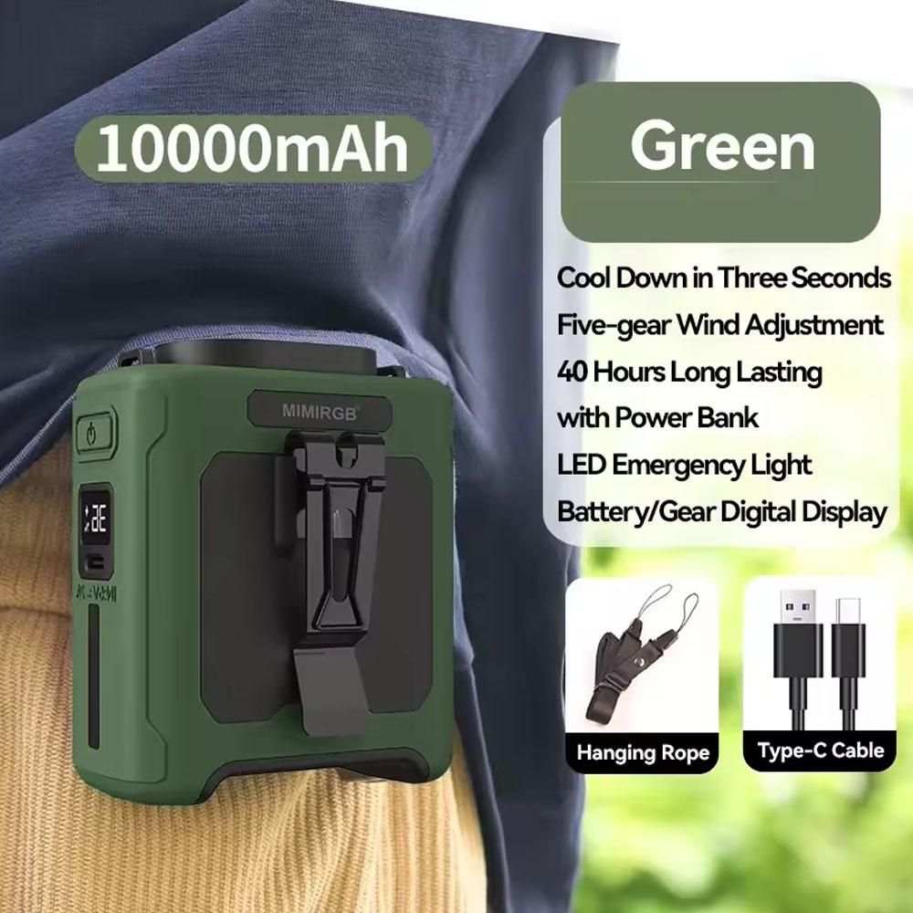 Поясной вентилятор 10000 мАч с функцией Power Bank, 5 скоростей, портативный, Hands-Free, перезаряжаемый, дисплей уровня заряда батареи, USB-зарядка