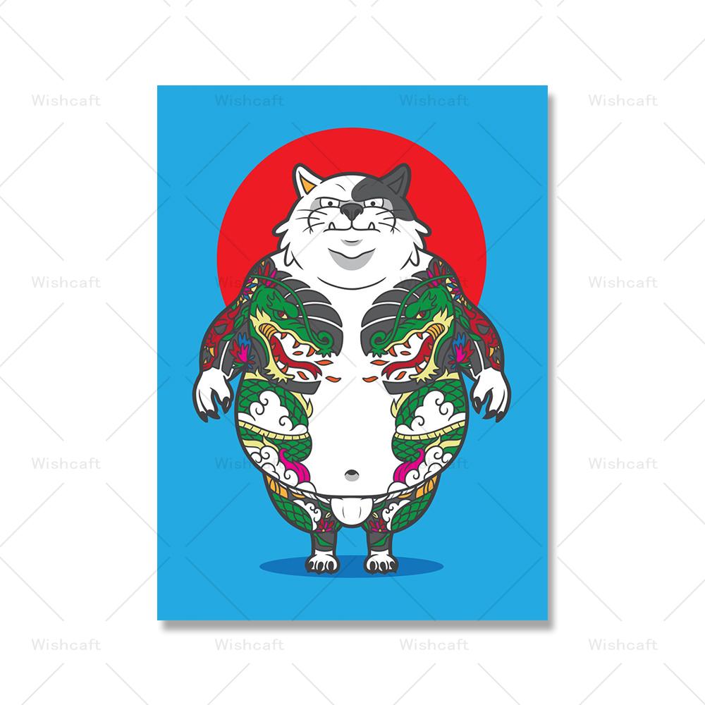 Мрачная татуировка кота на красном солнце, холст, картина, забавный милый кот, самурай, плакат с принтом, детская кровать, домашняя комната, настенное художественное украшение, фотографии