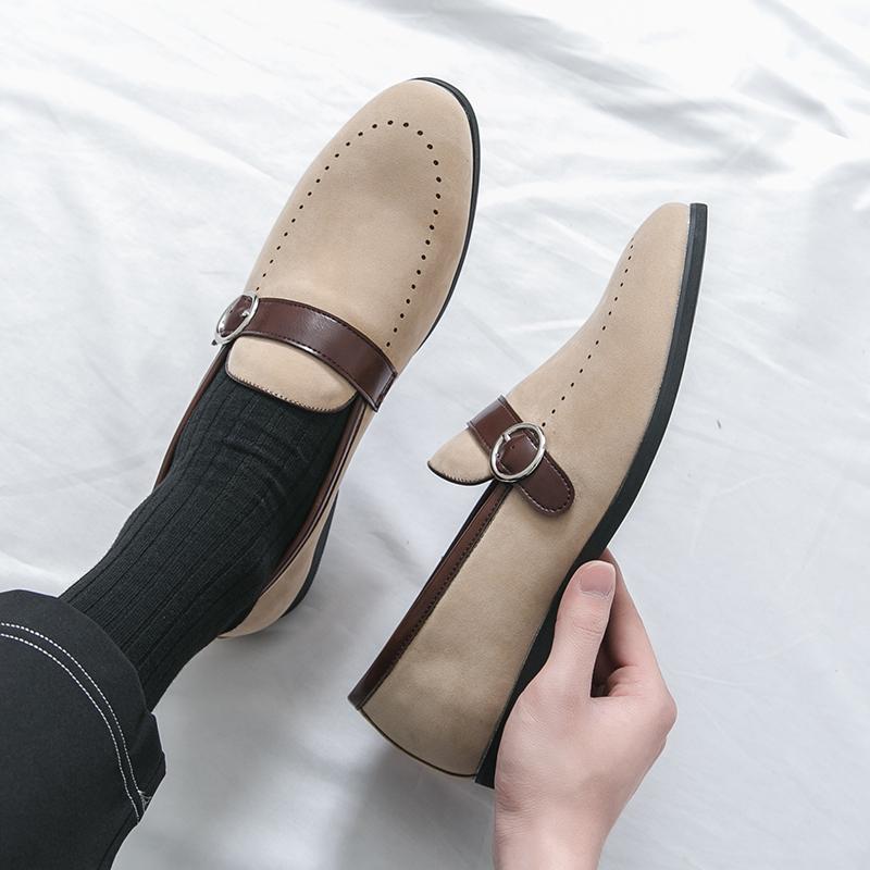 Fashion British Style Men's Comfortable Soft Soled Pointed Loafers Spring Brand Men's Side Button Cow Suede Breathable Flat Bean Shoes
