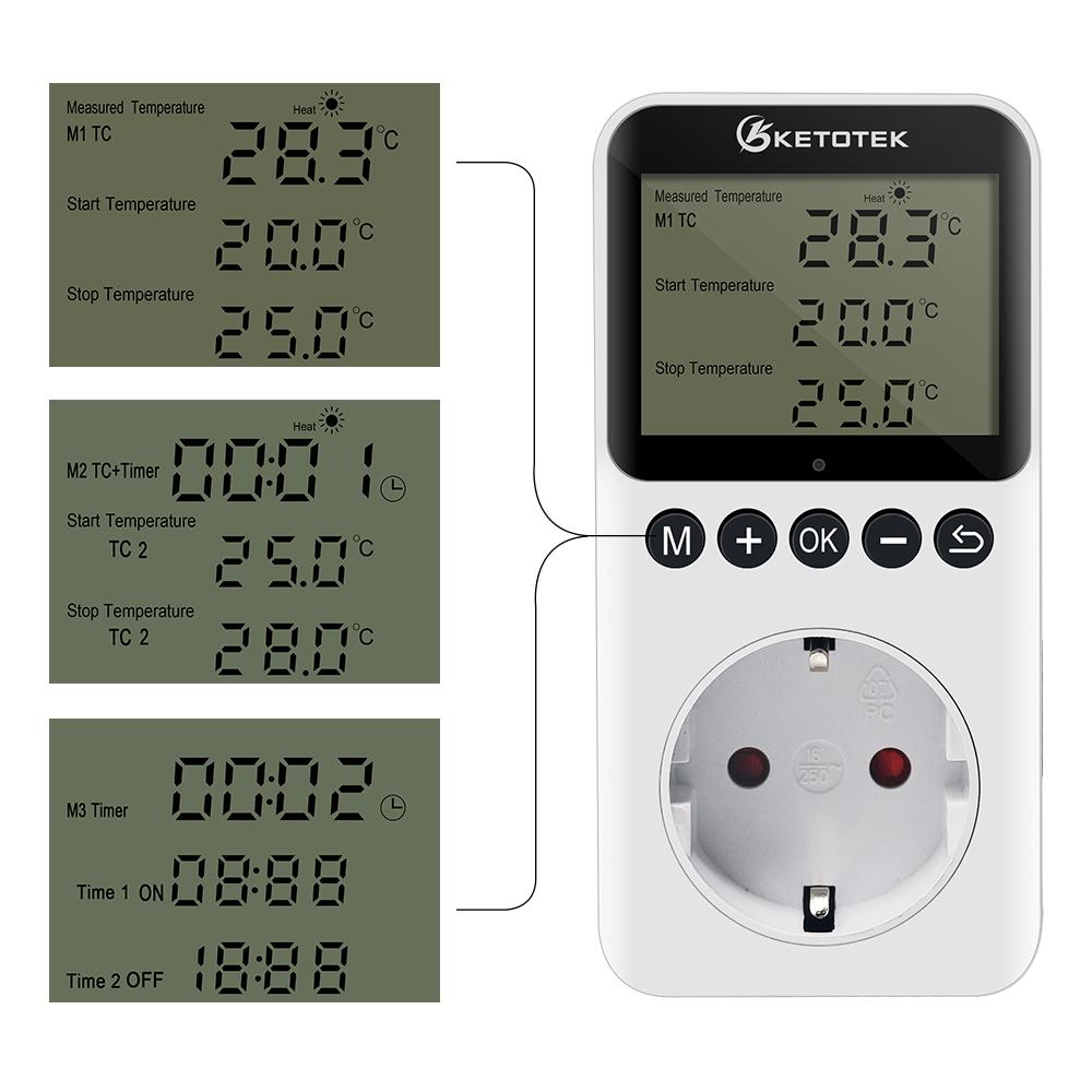 Ketotek Цифровой термостат день/ночь, регулятор температуры, розетка 230 В, 16A, розетка термостата, отопление, охлаждение, вилка европейского/британского/американского/австралийского/французского стандарта