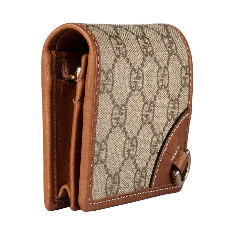 Gucci GG Emblem series snap closure coated canvas wallet mini unisex couple model beige with dark brown