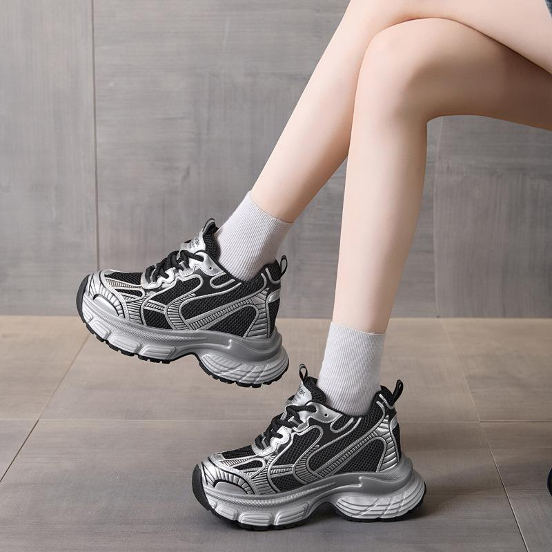 Thick-soled Dad Heightening Shoes Women's 2025 Autumn New Mesh Casual Breathable Sports Shoes Versatile Sports Casual Shoes
