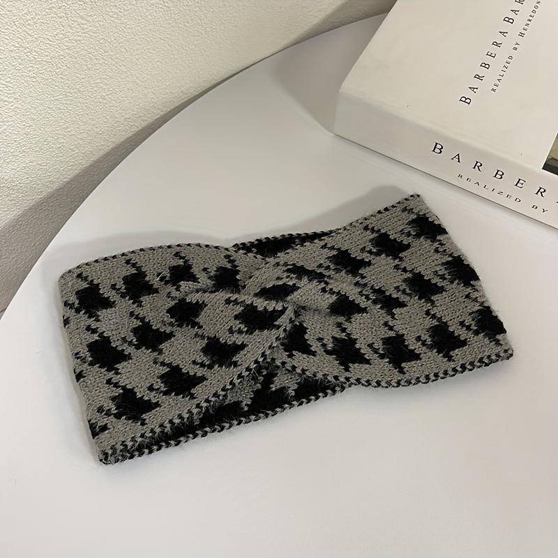 Винтажная элегантная широкая повязка на голову с узором «гусиная лапка», шикарная спортивная теплая повязка на голову для женщин, аксессуар для волос с перекрестным узлом