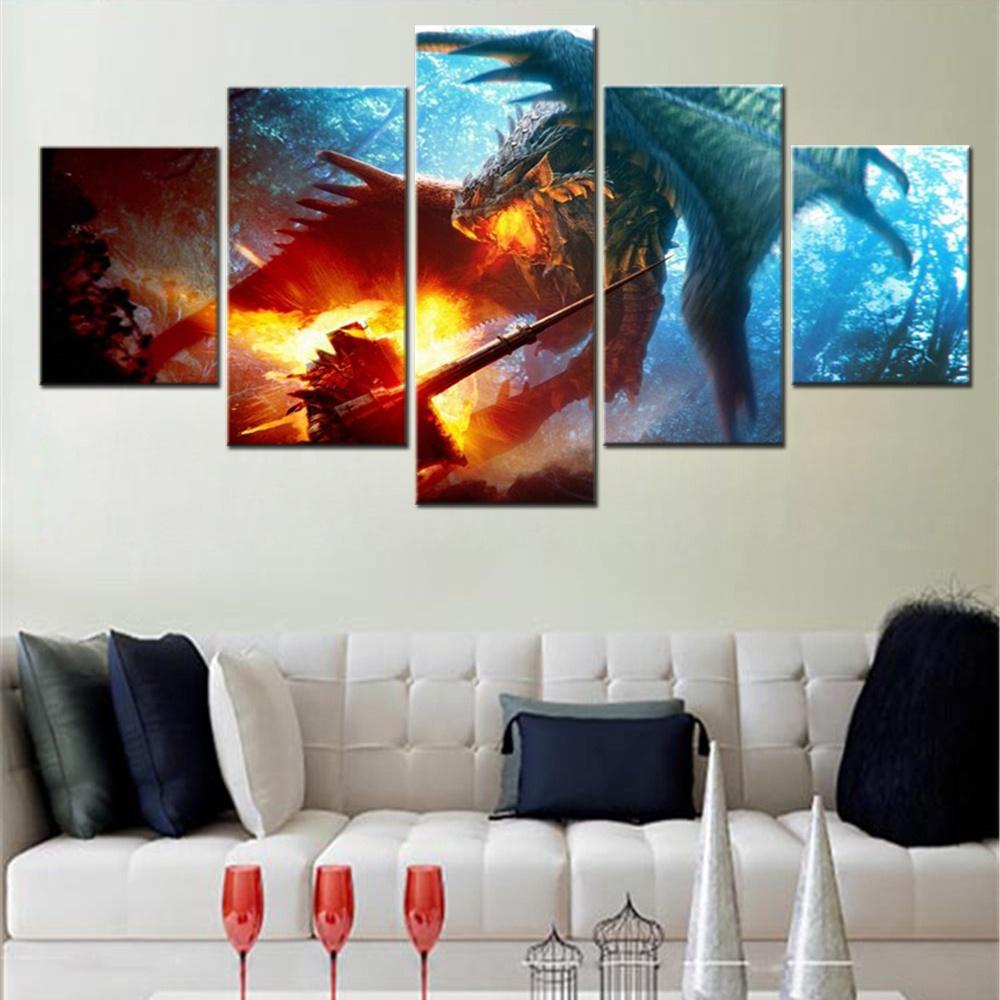 5 Pieces Canvas Wall Arts Video Games Dragon Monster Hunter Fantasy Art Lance Fire Forest Poster Painting Home Decor Living Room