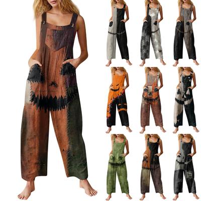 Женский модный повседневный винтажный комбинезон без рукавов на пуговицах с принтом на Хэллоуин