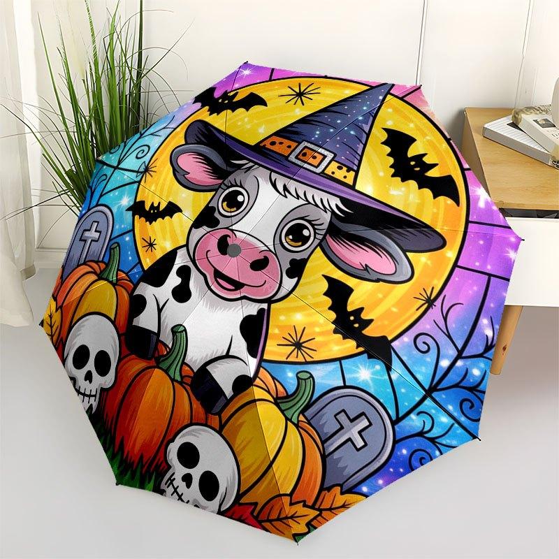 Halloween Cow with Witch Hat Stained Glass Window DecalUmbrella with Cute Design,Portable 3-Fold Compact Umbrella for Men&Women,Valentine's