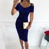 Women Summer Dress V Neck Short Sleeves Hollow Out Off Shoulder Rhinestone Solid Color Soft Tight High Waist Sheath Pleated Elastic Party Club