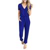 Women’s Sexy Deep V-Neck Short Sleeve Wrap Drawstring Waist Jumpsuit Romper With Pockets