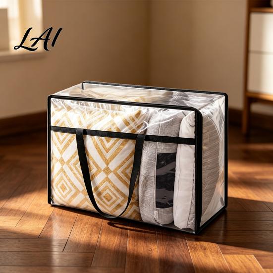 Moisture Proof Quilt Organizer Clear Clothes Storage Bag with Zipper 40L Capacity Reinforced Handles Moving Bag Under Bed for Comforters Foldable