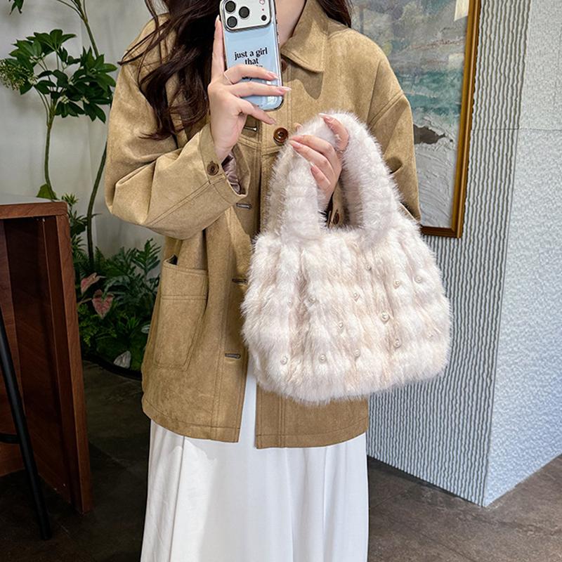 Retro Plush Striped Handbag Texture Pearl Faux Fur Bucket Shoulder Bag Fashion Versatile Large Capacity Tote Bag for Women