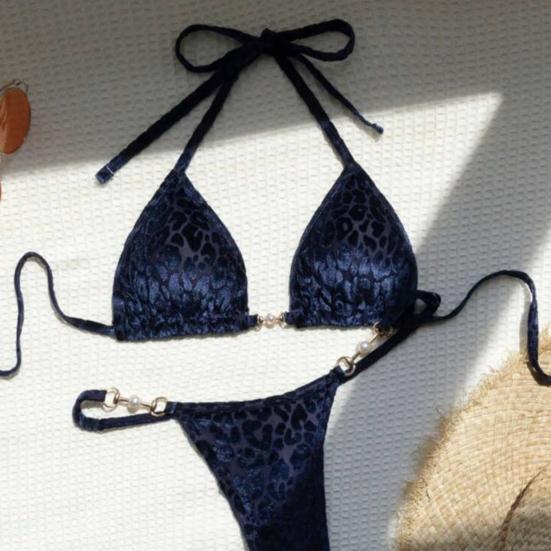 2Pcs/Set Women Sexy Bikini Set Leopard Print Halter Bra Faux Pearls Briefs