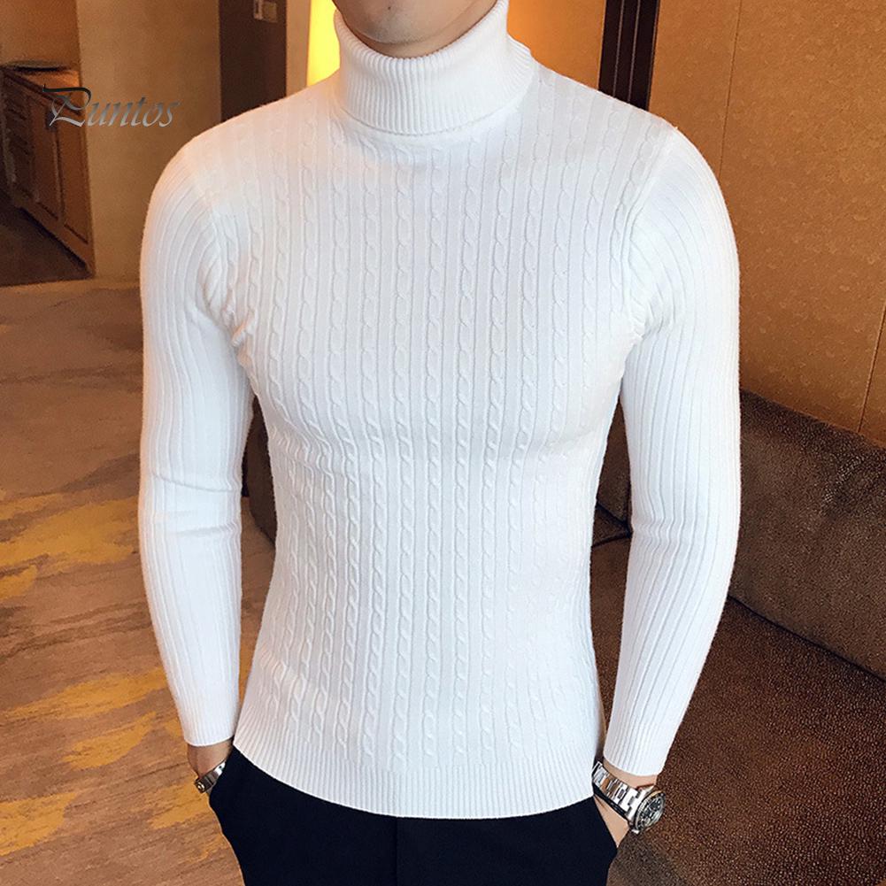 Casual Men Winter Solid Color Turtle Neck Long Sleeve Twist Knitted Slim Sweater