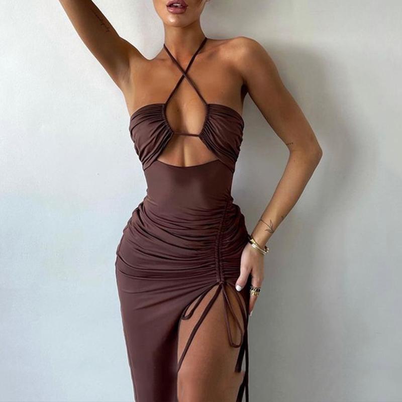 Summer Sexy Dress For Women Sleeveless Backless Hollow Out Party Dress Fashion Lace-up Halter Bodycon Elegant Split Dress