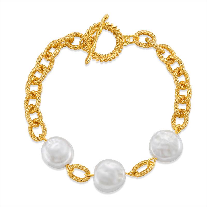 Round Pearl Beaded Chain Bracelet Copper Plated 18k Gold Fashion Jewelry For Women
