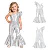 Baby Girls Birthday Party Photography Outfit Glittery Metallic One Shoulder Ruffled Sleeve Romper with Adjustable Strap and Bell-bottom Jumpsuit