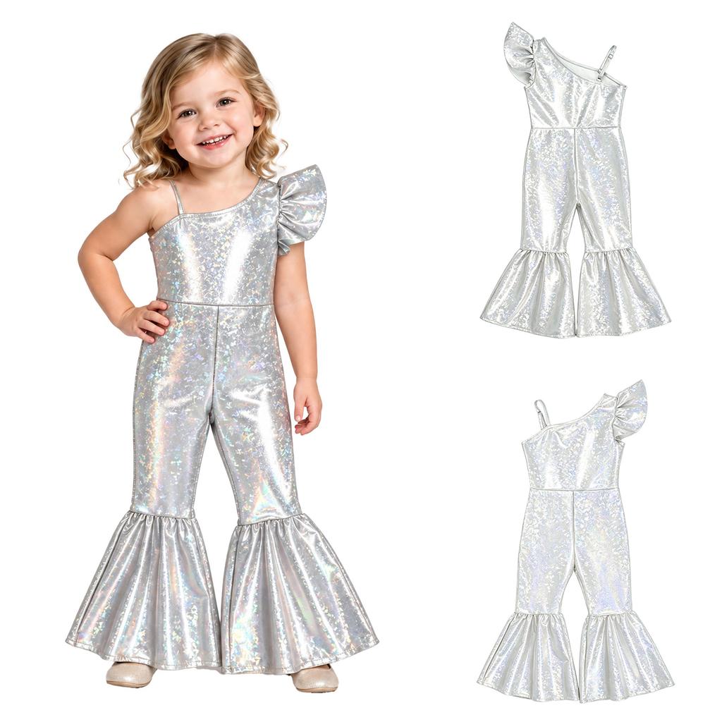 Baby Girls Birthday Party Photography Outfit Glittery Metallic One Shoulder Ruffled Sleeve Romper with Adjustable Strap and Bell-bottom Jumpsuit