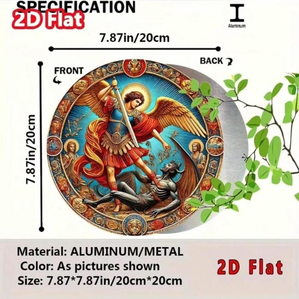 Flat Round Metal Wall Decor 2D Vintage Artwork Archangel Michael Demon Aluminum Sign 8x8 Inch