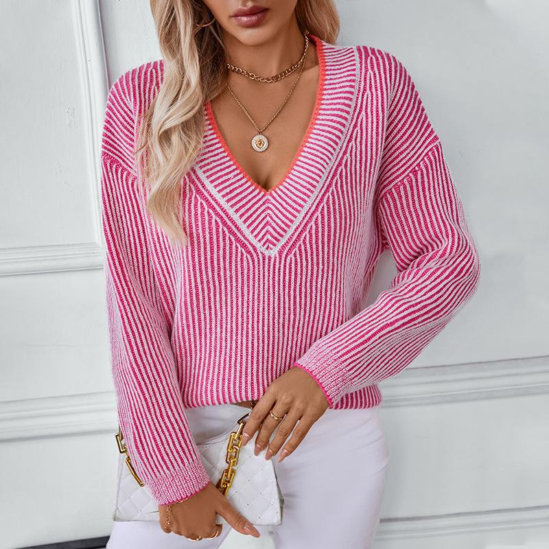 V-образный вырез полосатый европейский и американский свитер женский осень и зима новый повседневный пуловер свободный свитер
