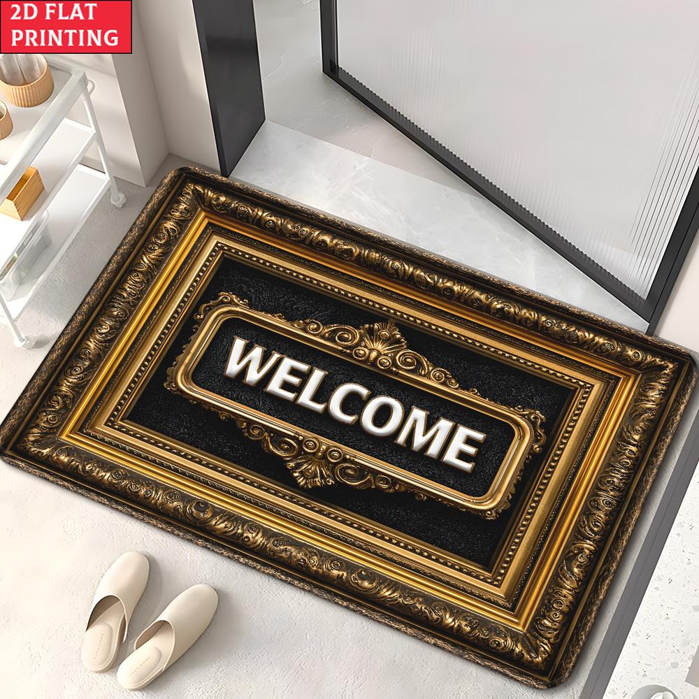 Stone Mosaic Welcome Doormat Rustic Pebble Border with Text Print Non Slip Floor Mat for Cottage or Farmhouse Entryway