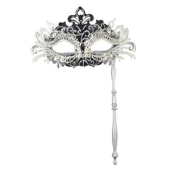 Fancy Party Masque Metal Masque with Handheld Stick Half Face Venetian Masque with Rhinestones for Women Men Prom Ball Mardi Gras Masquerade
