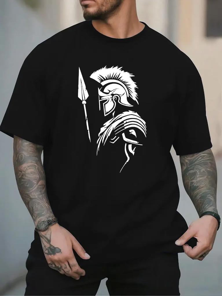 Unisex Black Crew Neck Tee White Spartan Warrior Silhouette Spear And Helmet Ancient Greek Fighter Graphic Casual Cotton Tops