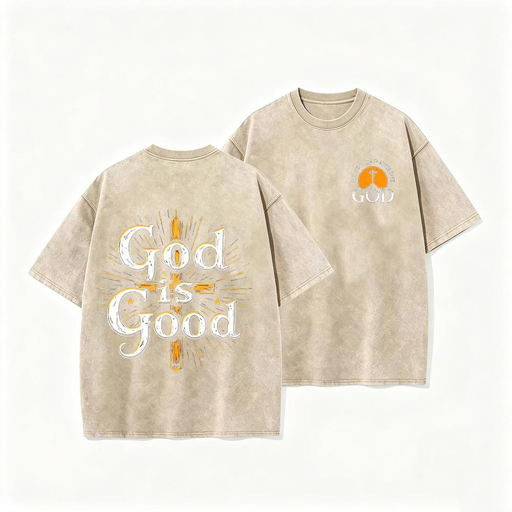 2026 Vintage Washed Black God Is Good Cross Graphic T Shirt Front Back Print Religious Faith Oversized Casual Short Sleeve Tee