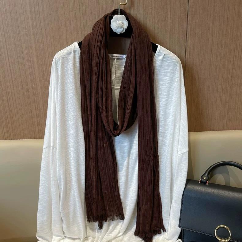 New Thin and Narrow Pleated Solid Color Autumn and Winter Versatile Neck Protection Scarf High-end Cotton and Linen Scarf with Shawl for Women