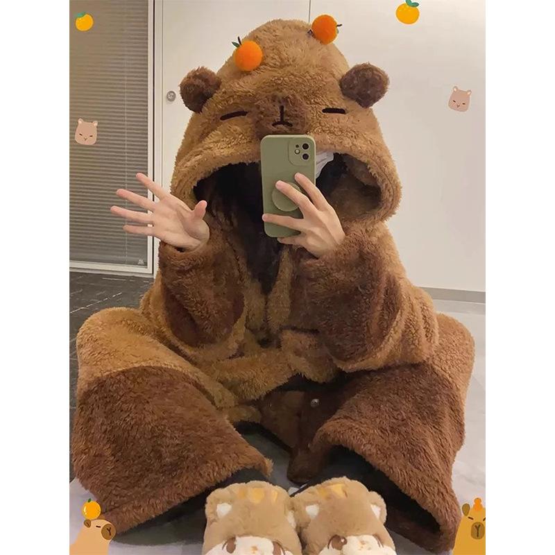 Women Anime Pajamas Kawaii Capybara Sweet Winter Thickened Cute Plush Cartoon Homewear Suit Birthday Gift