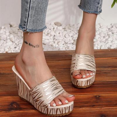 Мода Мода Женская обувь Полосатый принт Шлепанцы на толстой подошве Женские сандалии на танкетке на массивной платформе Женские летние повседневные слайды на высоком каблуке