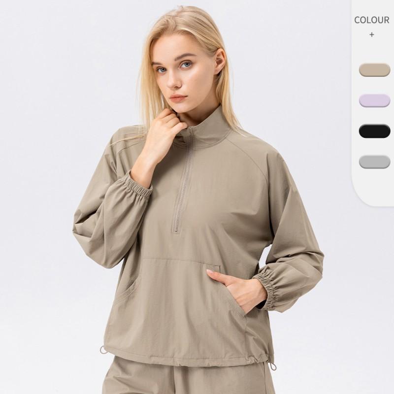 Womens Long Sleeve Quick-Dry Athletic Hoodie Stand Collar Half-Zip Loose Fit Running Gym Fitness Cycling