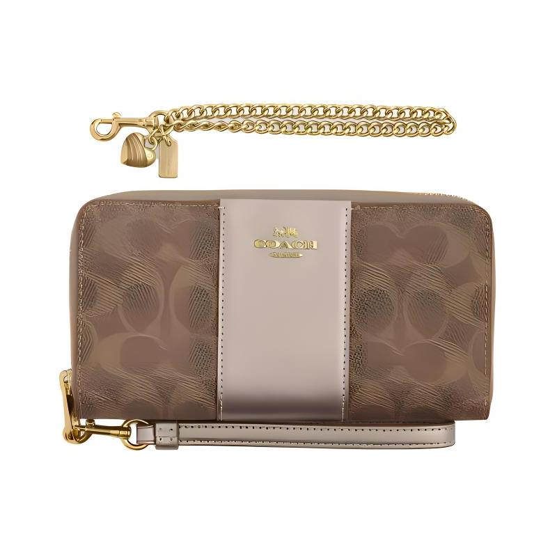 Coach Кошелек женский в коробке, 19 золотых логотипов, на молнии, из покрытого холста, цвет загара со светло-шампанским