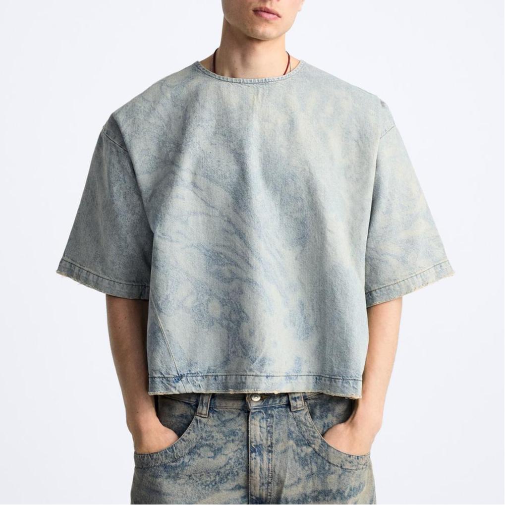 Zara Abstract Print Denim Round Neck Short Sleeve T-Shirt Men Tops Blue 6688304-400