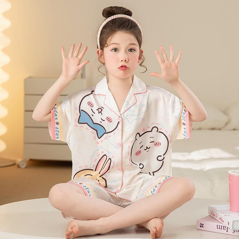 Cool Ice Silk Kids Pajama Set Short Sleeve Loose Sleepwear Girls Comfortable Cartoon Print Home Outfit