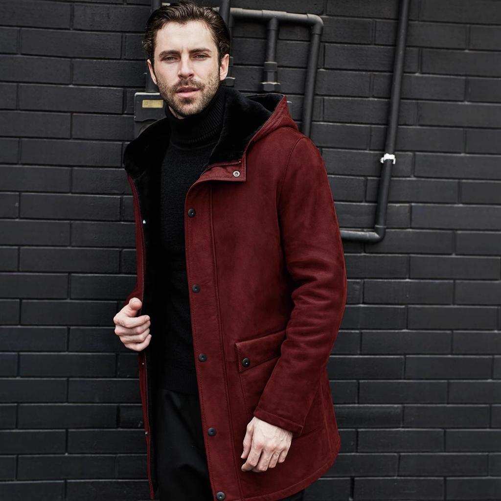 Long Jacket Fur Integrated Suede Jacket Multi-button Hooded Men's Coat