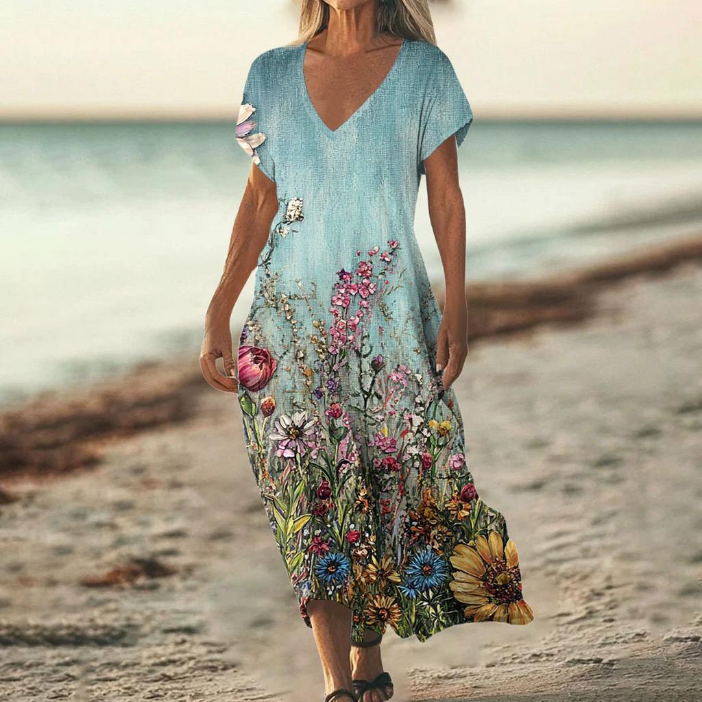 Fashion Women's Summer V-neck Short Sleeve Cotton And Linen Vintage Floral Print Beach Dress